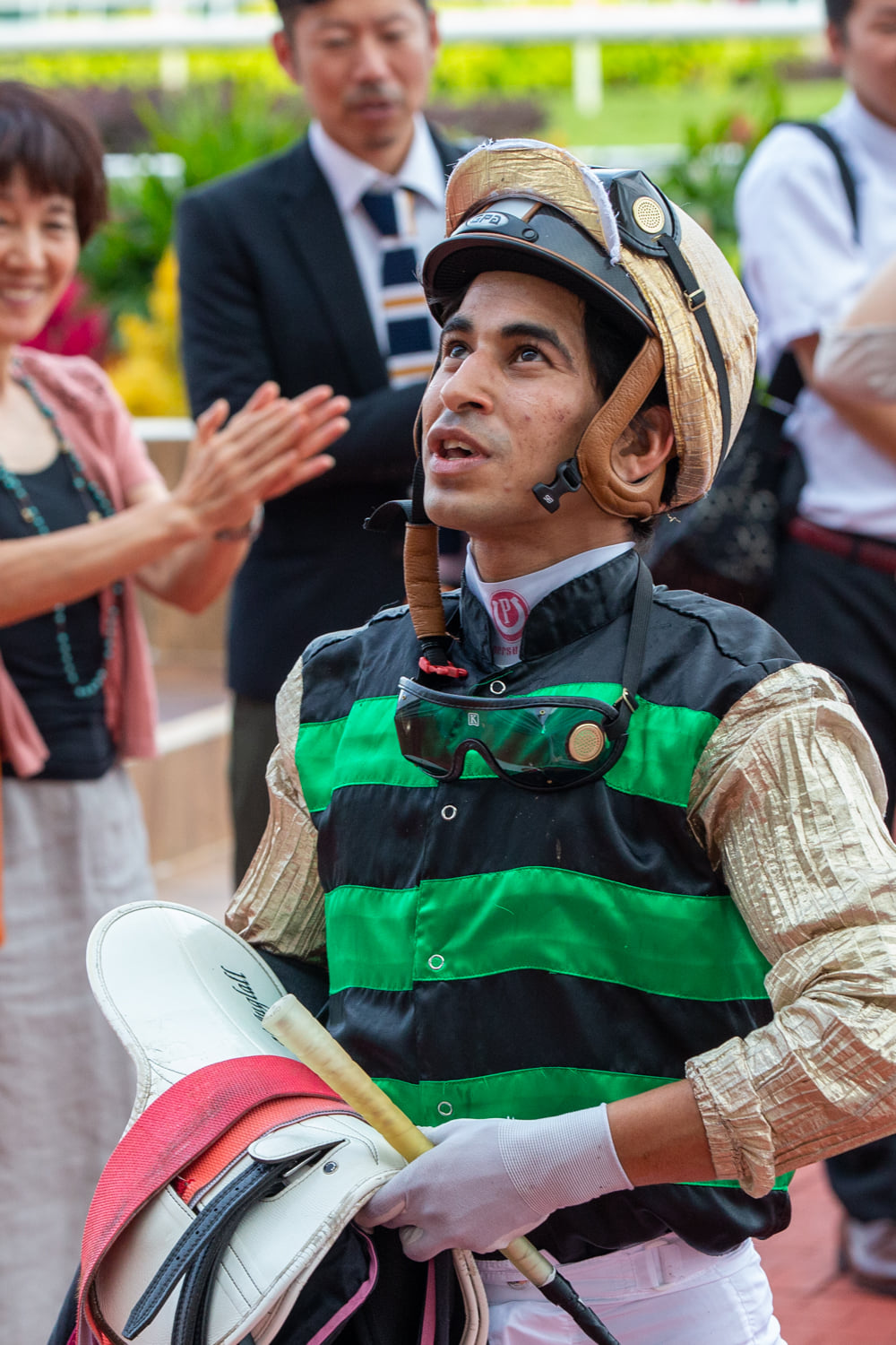 Jockey Nooresh Juglall after riding Charger to win Class 3 $80k (1200m T) by a nose on 11 Mar 2018 (Photo: sgracingphoto@gmail.com) 